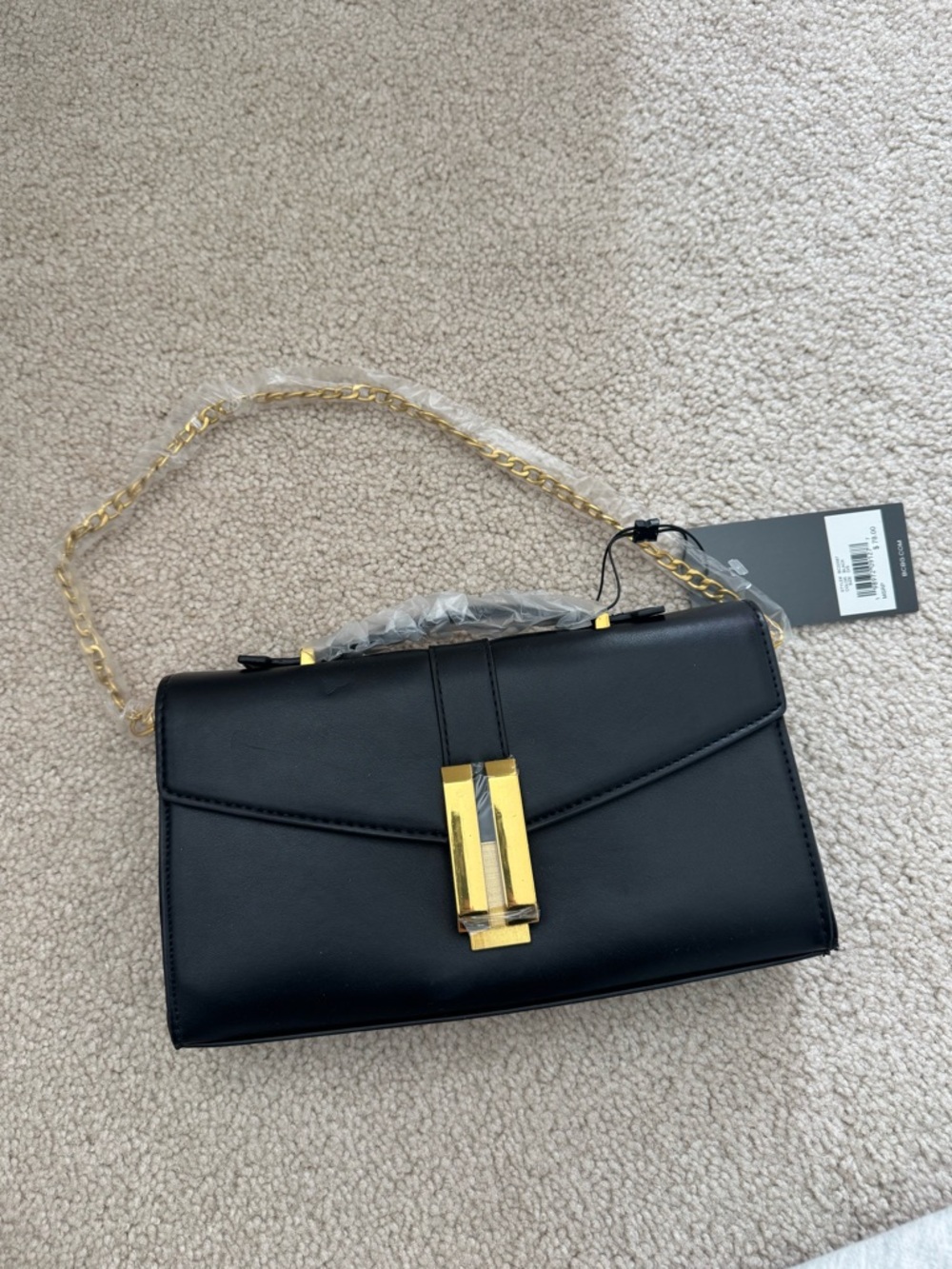 Black Leatherette Chain Shoulder Bag with Gold Hardware
